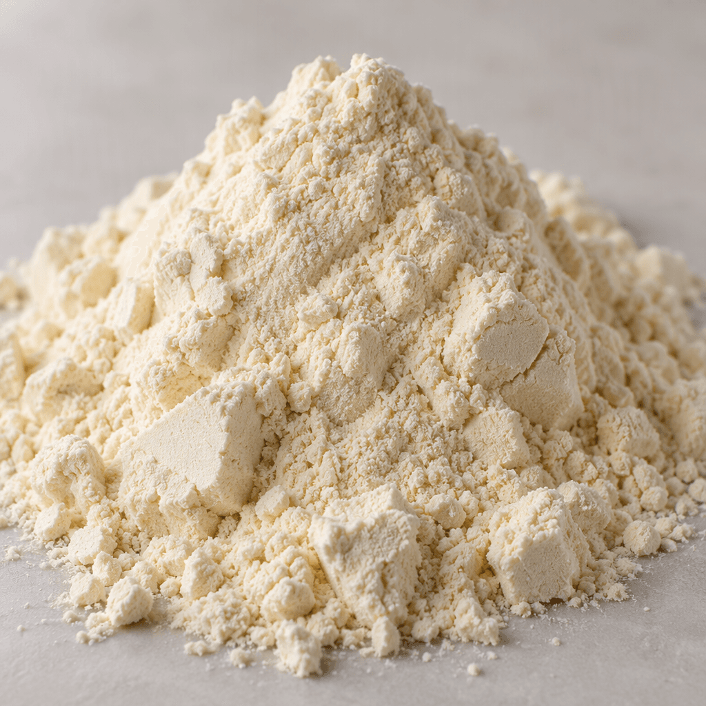 A mound of fine, pale cream-colored protein powder with a soft, dry, slightly clumpy texture.