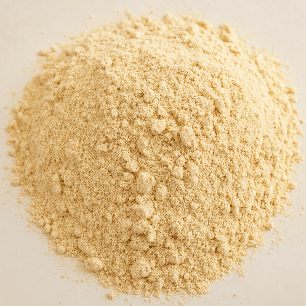 A fine, pale beige powder with a soft, slightly grainy texture and a few small clumps.