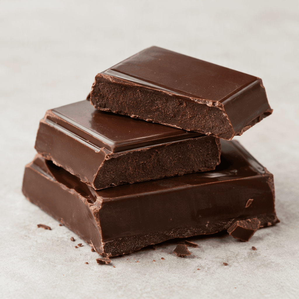 A dark-brown chocolate bar with a smooth, slightly glossy surface and clean rectangular shape, shown in a few broken pieces that reveal a dense, even interior.