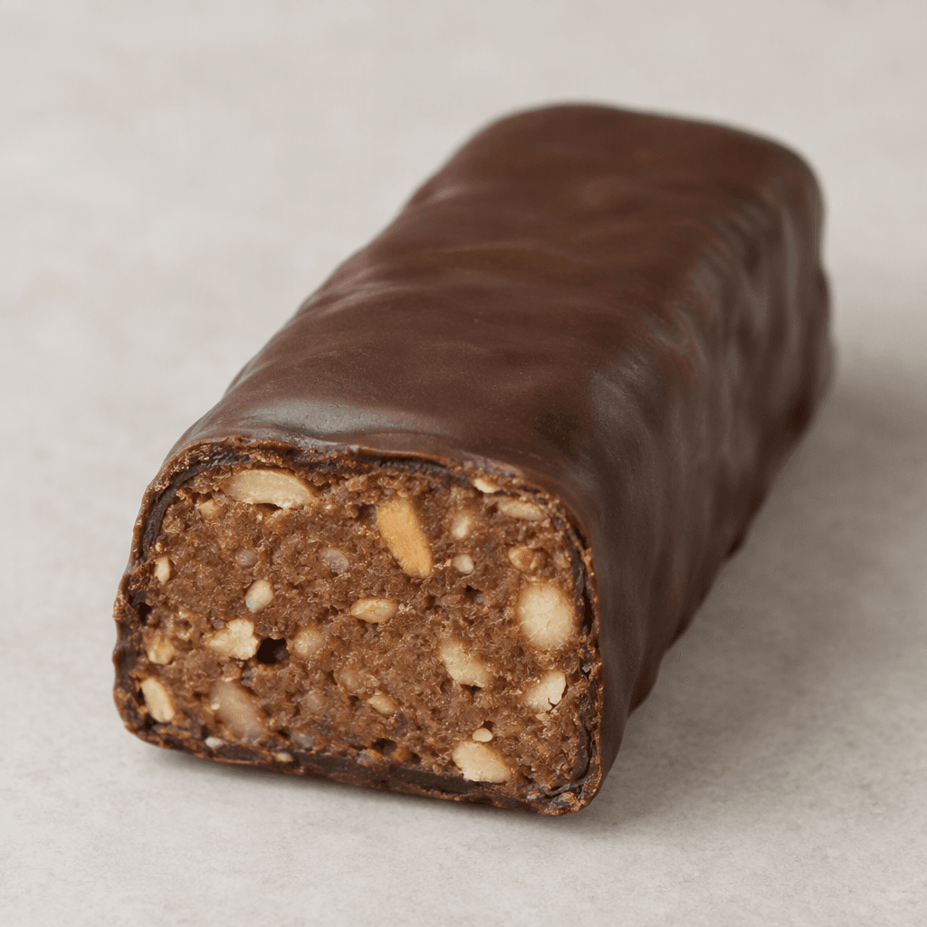An oblong, rectangular bar with rounded edges, a dark chocolate-brown coating, and a cut end revealing a dense, lighter brown center dotted with small hazelnut pieces.