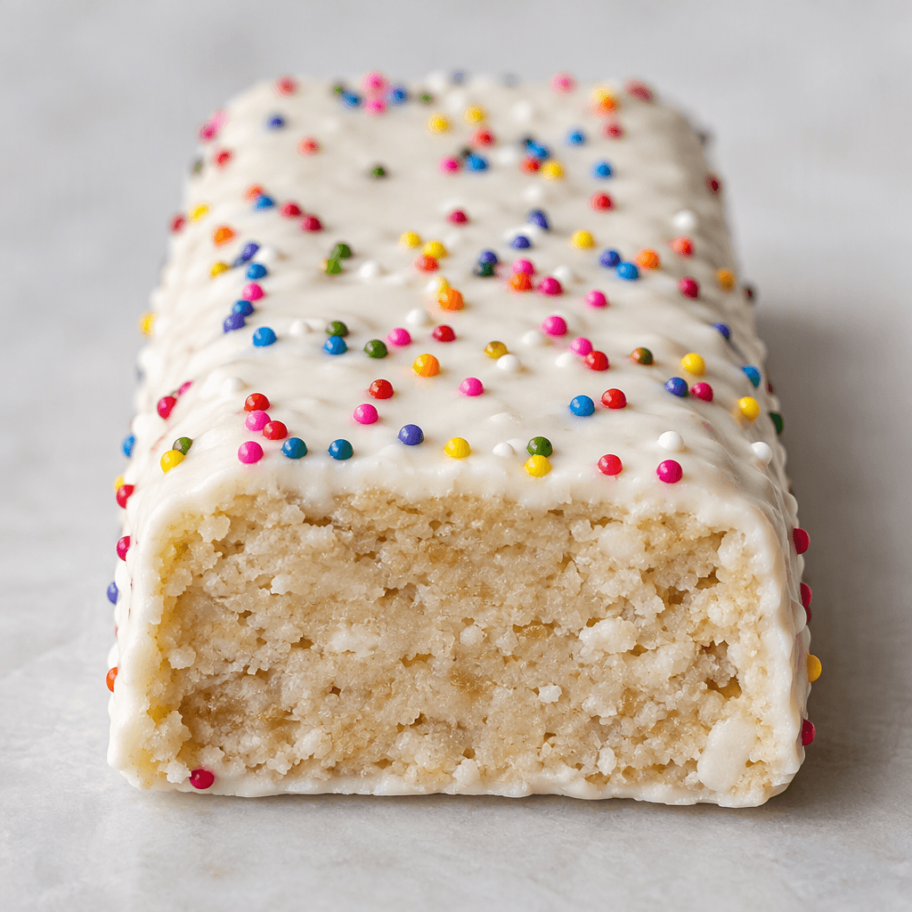 A rectangular protein bar with a pale, dense-looking center, coated in a smooth white layer and dotted with small multicolored sprinkles.