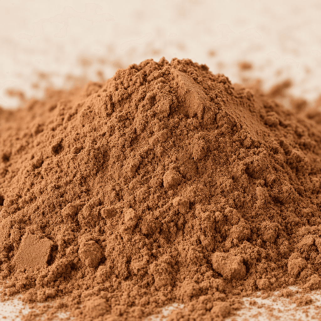 Fine, cocoa-brown protein powder sits in a soft, slightly uneven mound, with a dry, powdery texture.