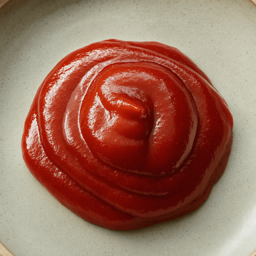 Thick, smooth, glossy deep-red ketchup sits in a small mound with softly rounded edges.