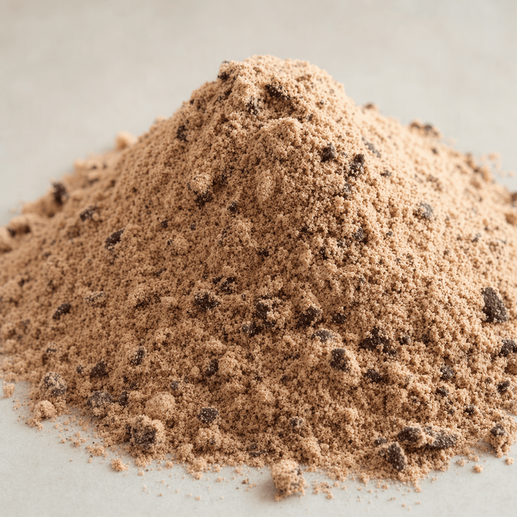 A mound of fine, light-brown protein powder is flecked with tiny dark cookie crumbs.
