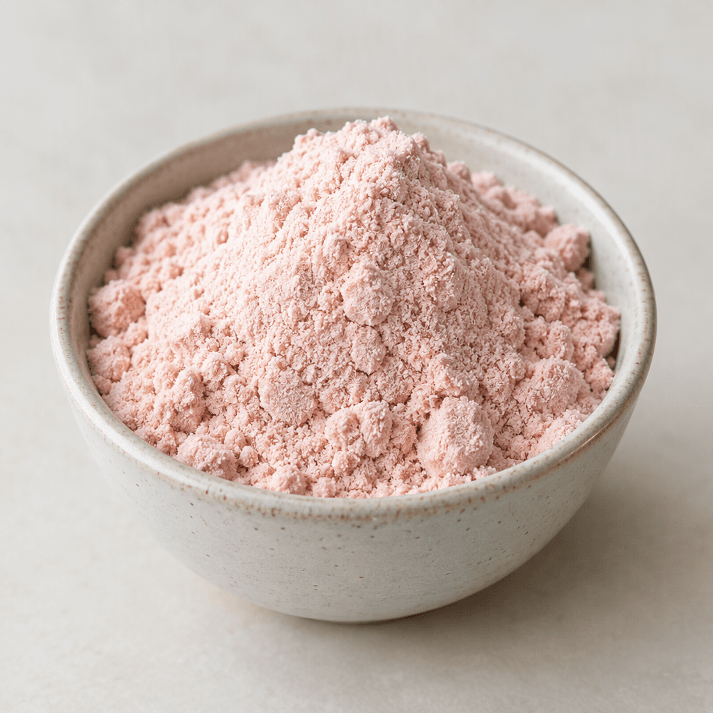 A mound of fine, pale pink protein meal powder with a smooth, slightly clumped texture sits in a small bowl.