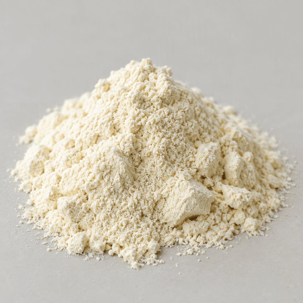 İnce dokulu, kuru ve açık krem renkli protein tozu küçük bir yığın hâlinde, yer yer hafifçe topaklanmış görünür.