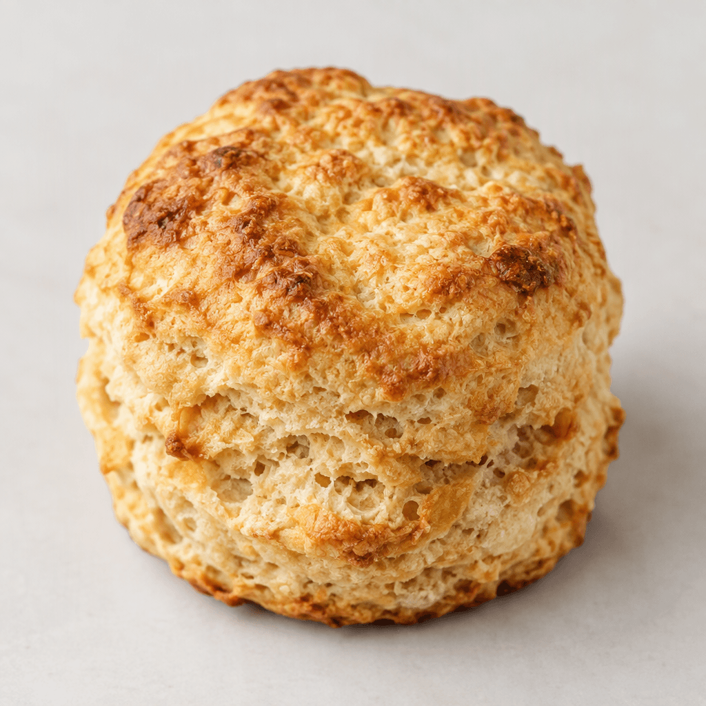 A compact, golden-brown biscuit with a slightly uneven, crumbly surface and a few darker baked spots, shown on its own.
