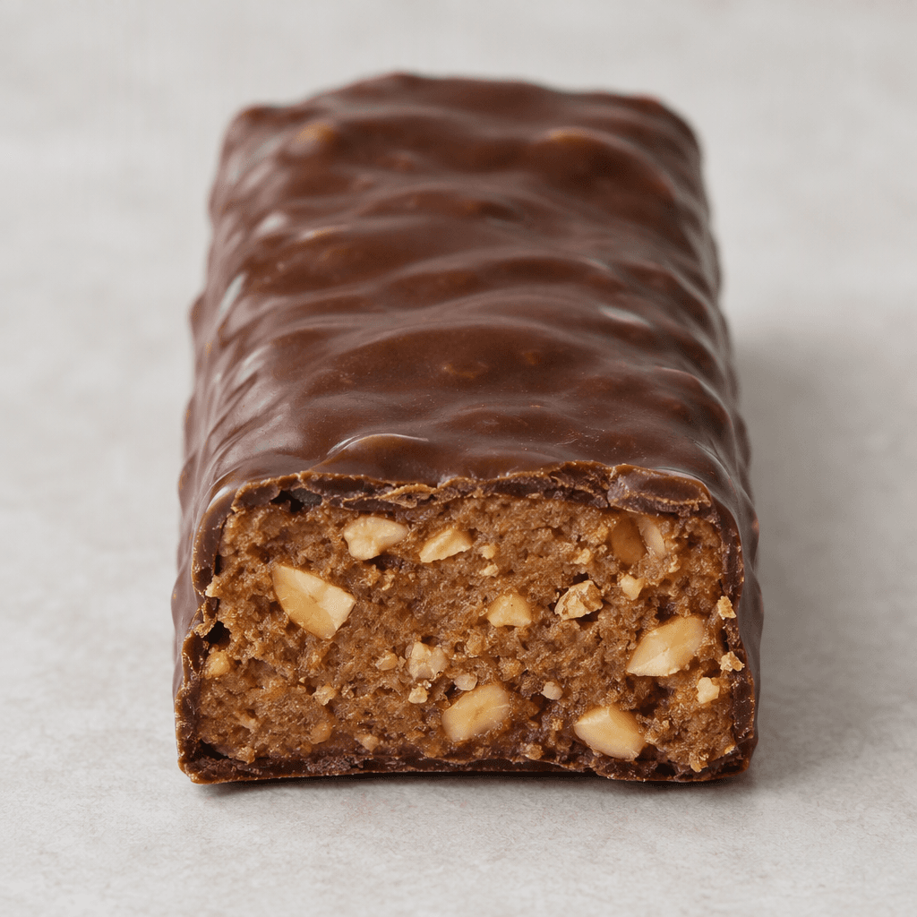 A compact rectangular bar with a dark-brown chocolate coating and a dense, lighter brown interior visible at the cut end, dotted with small hazelnut pieces.