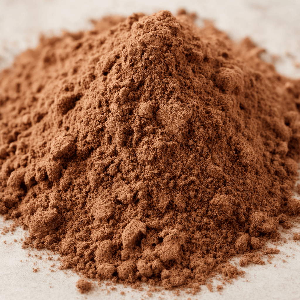 Yumuşak, kuru ve hafif taneli dokusuyla kakao kahverengisi protein tozu gevşek bir tümsek hâlinde duruyor.