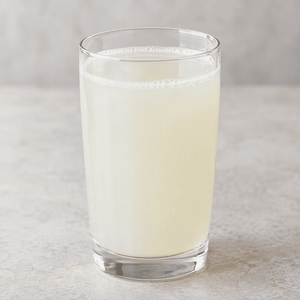 A pale, slightly cloudy protein electrolyte drink sits in a clear glass, with a smooth surface and no visible garnish.