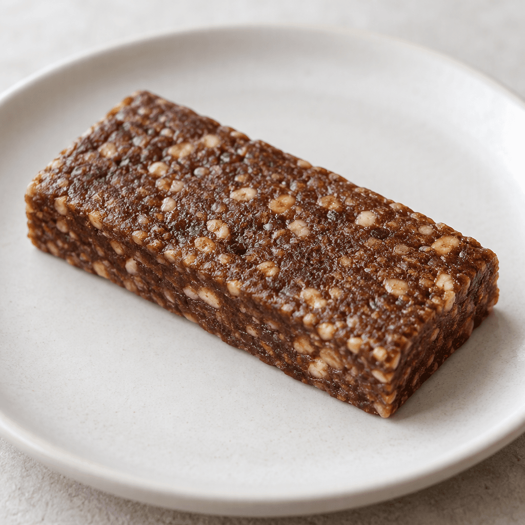 A compact, rectangular brown protein bar with a dense, slightly uneven surface and a few lighter flecks, served on a plain plate.