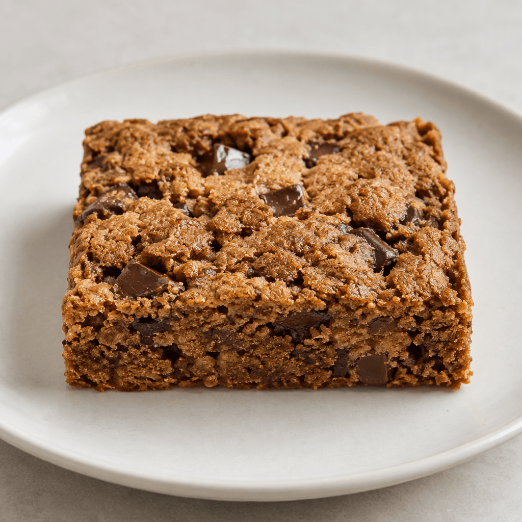 A thick, rectangular brown cookie bar with a slightly rough, crumbly surface and scattered dark chocolate pieces, served on a plain plate.