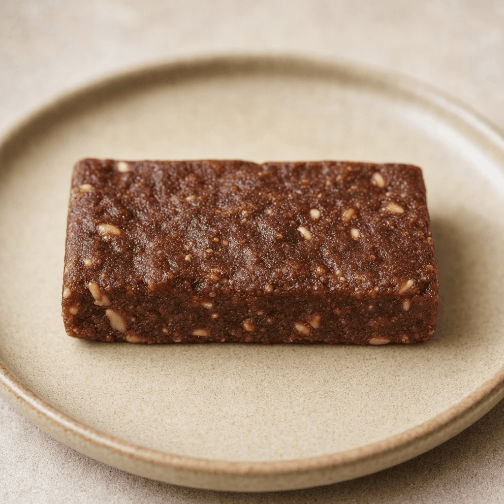 A compact rectangular protein bar with a slightly uneven, textured brown surface and a few visible lighter-colored pieces, served on a plain plate.