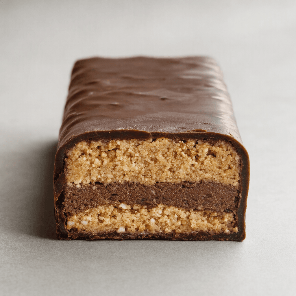 A rectangular protein bar with a dark cocoa-brown coating and a dense, layered beige-and-brown interior visible at the cut end, resting on a plain surface.