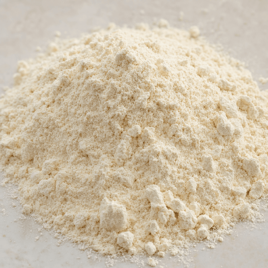 A mound of pale beige pancake mix powder with a fine, dry, slightly grainy texture, loosely gathered on a surface.