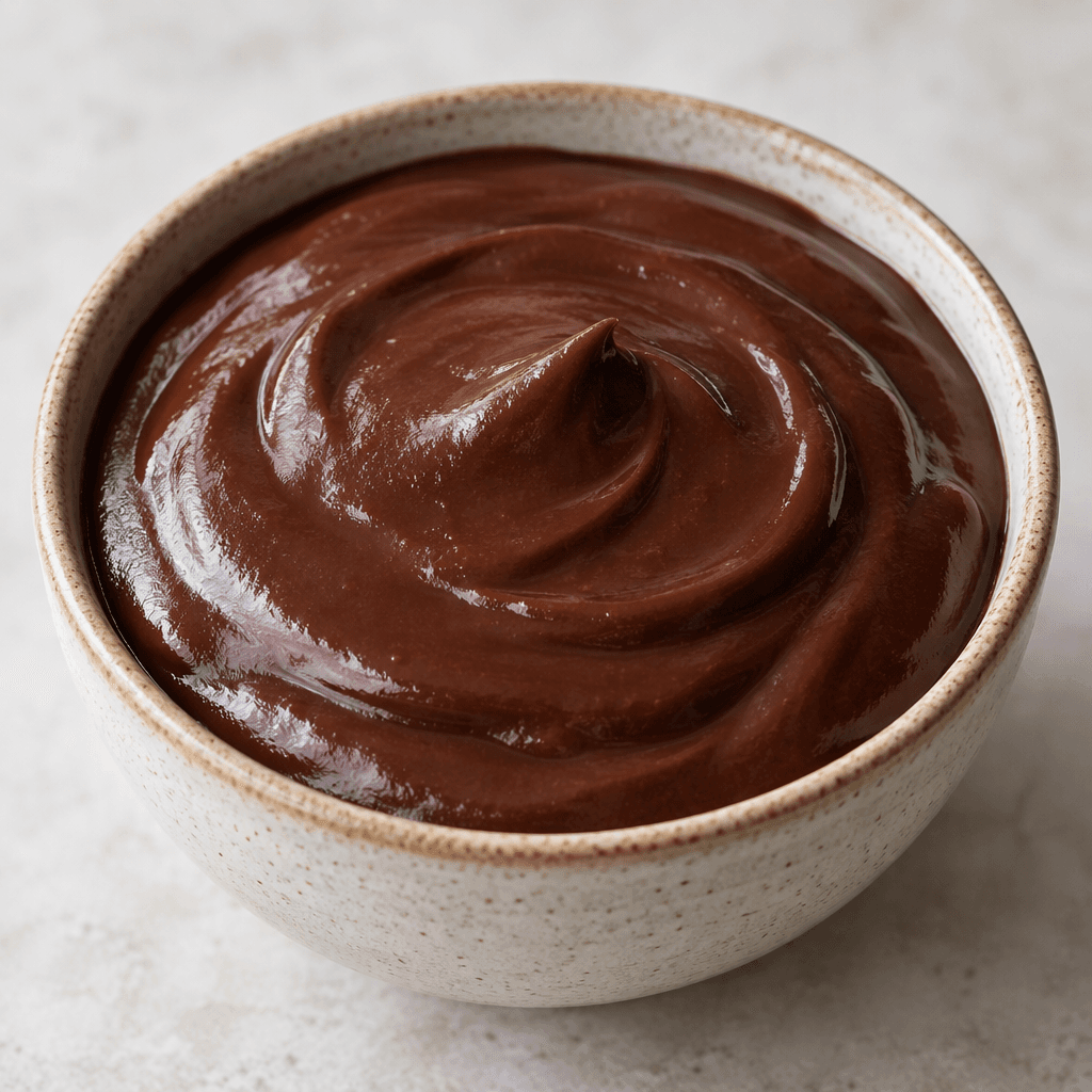 A thick, smooth, dark chocolate-brown pudding sits in a small bowl, with a softly glossy, even surface.