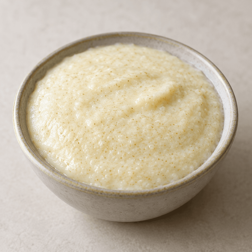 A thick, pale-cream pudding with tiny semolina grains and a smooth, softly set surface, served in a small bowl.