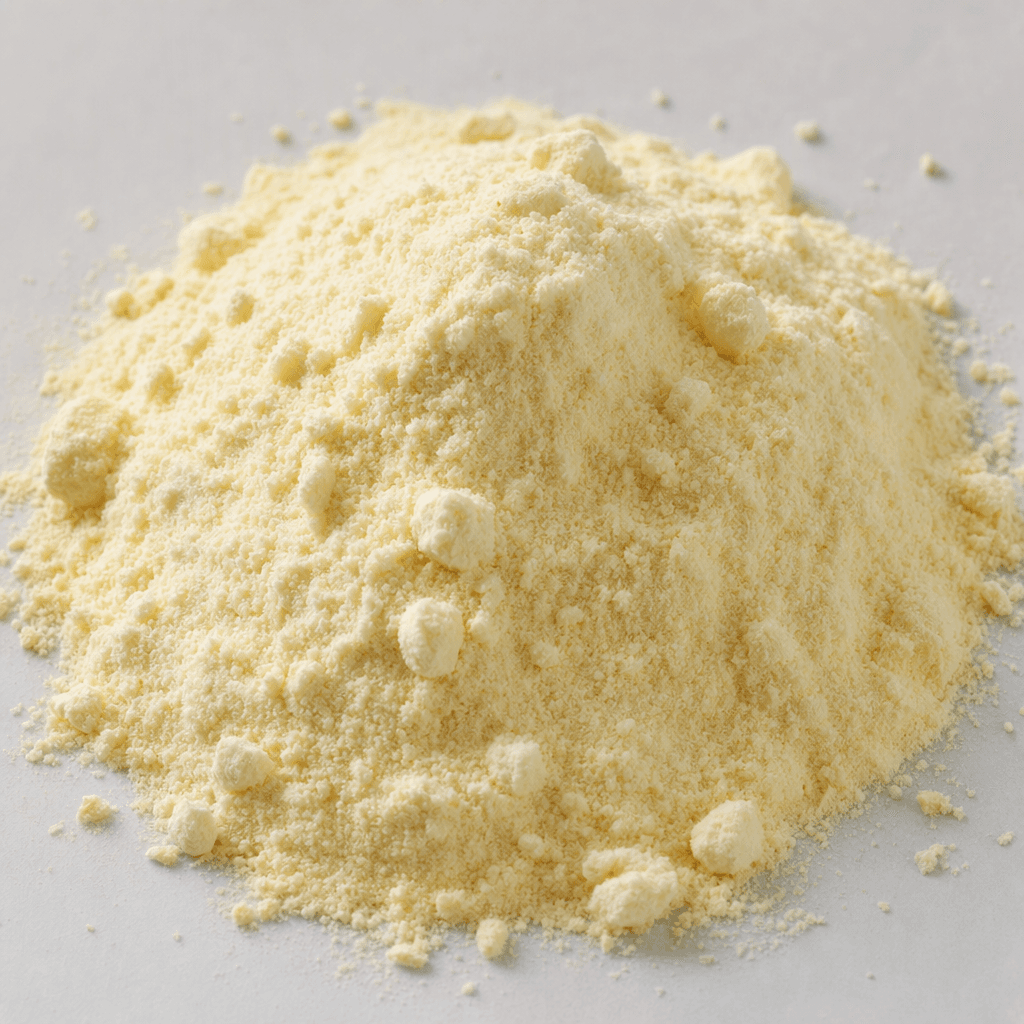 A mound of pale cream-colored, finely powdered vanilla pudding mix with a few tiny soft clumps, loosely scattered on a clean surface.