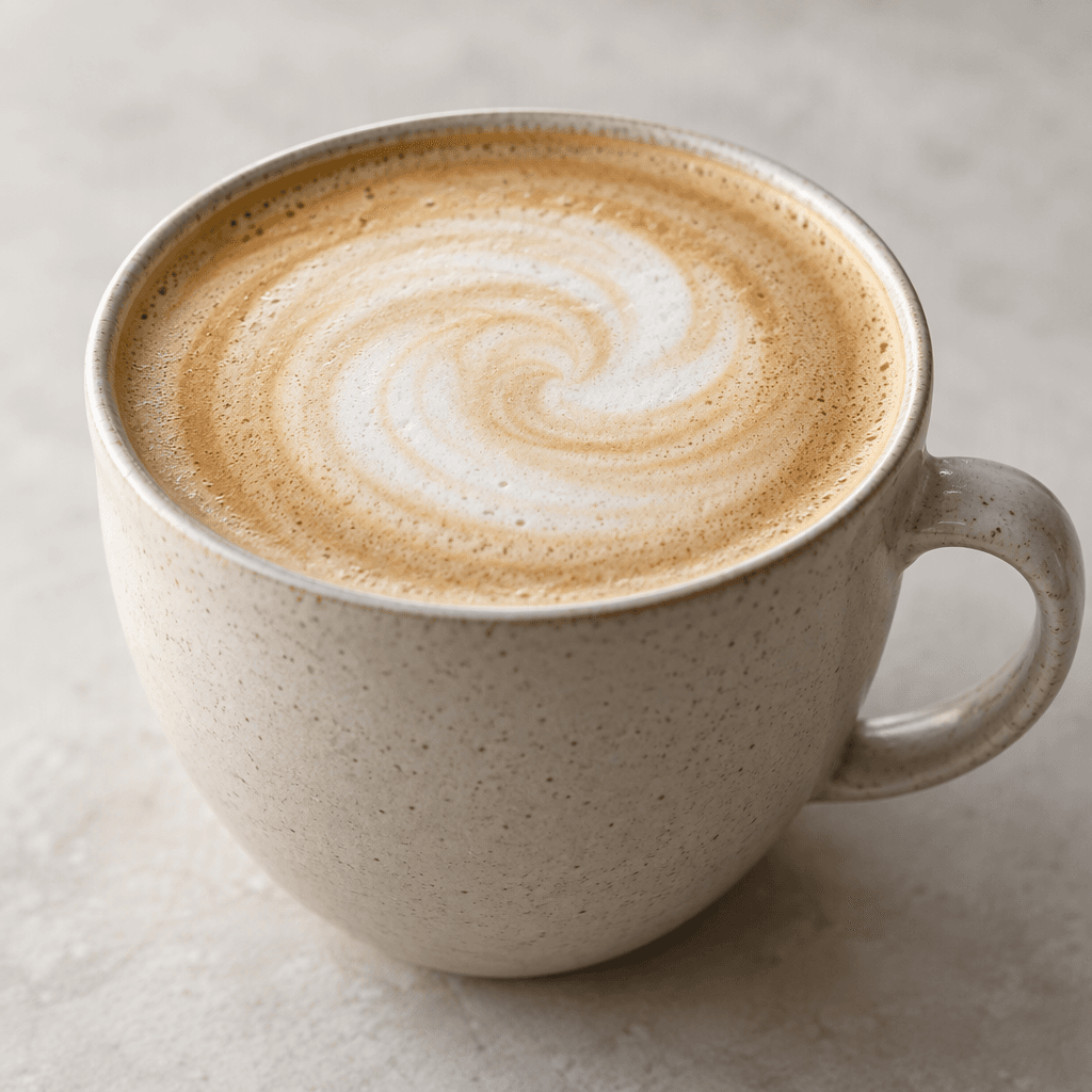 Bir fincanda, yüzeyinde ince ve kremamsı köpük tabakası ile hafif bir girdap görünen açık bej renkli latte bulunuyor.