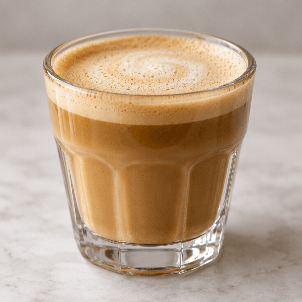 Şeffaf bir bardakta sunulan, açık kahverengi ve sütlü görünümlü espresso içeceğinin üzerinde ince, açık renkli bir köpük tabakası bulunur.