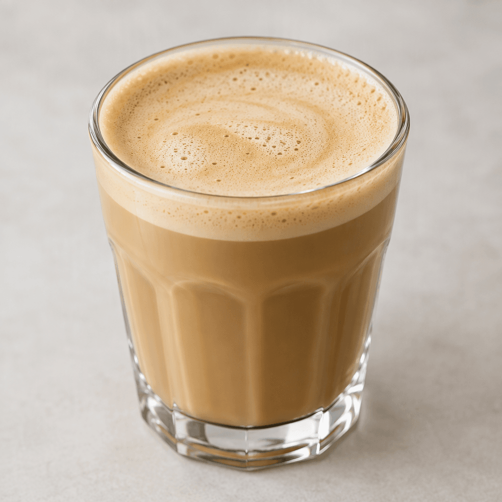 A creamy light caramel-brown coffee with a smooth, slightly frothy surface, served in a clear glass.