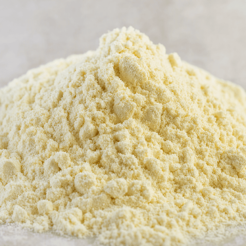 A mound of fine, pale cream-colored protein powder with a soft, slightly clumpy texture.