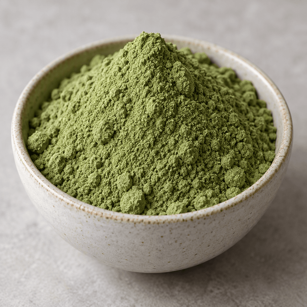 A mound of fine, matte green protein powder with a slightly uneven, dusty surface sits in a small bowl.