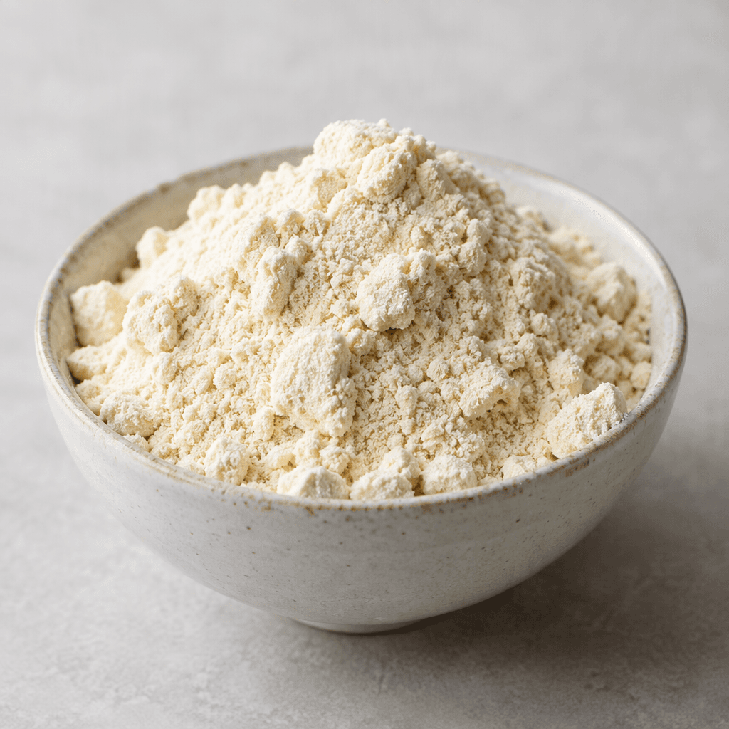 A mound of fine, pale cream-colored protein powder with a soft, slightly clumpy texture sits in a small bowl.