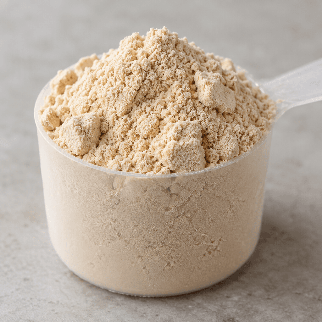 A mound of pale beige protein gainer powder sits in a small scoop, with a fine, dry texture and a few soft clumps.