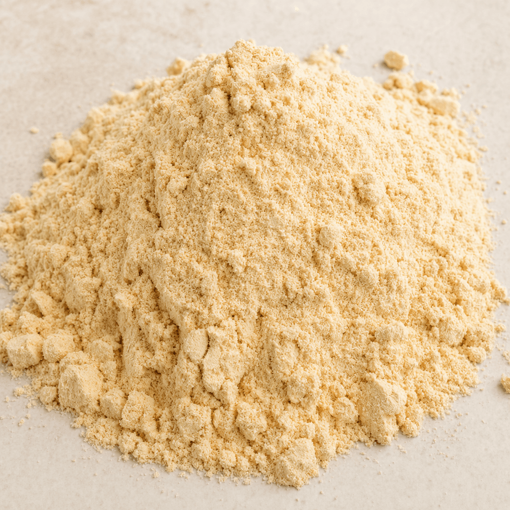 A small mound of fine, pale beige protein powder with a soft, slightly clumpy texture.
