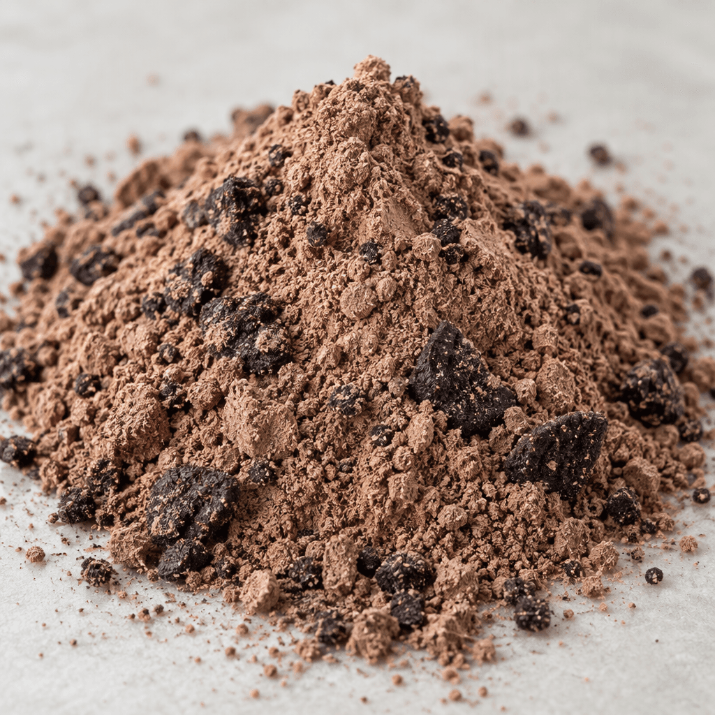 A fine, light cocoa-brown powder with scattered dark cookie-like flecks, loosely piled in a small mound.