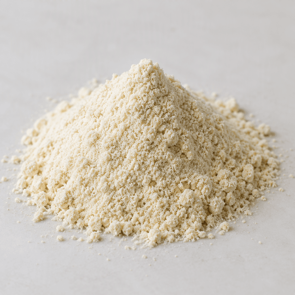 A small mound of fine, dry, pale powder with a slightly grainy surface, loosely piled on a plain surface.