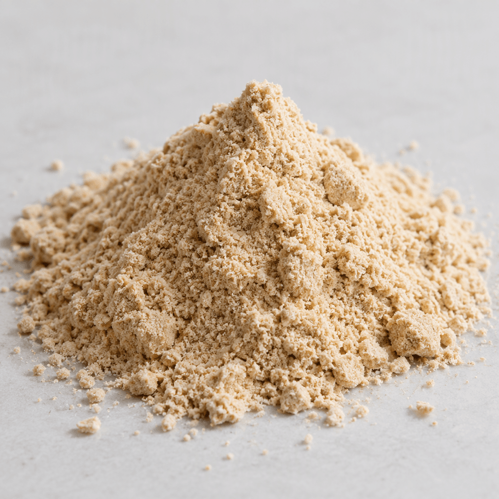 A fine, loose pale caramel-beige protein powder sits in a small mound, with a matte, slightly grainy surface and a few scattered granules.