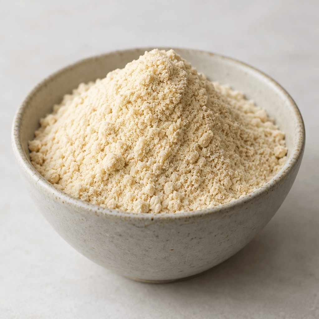 A small mound of fine, pale beige powder with a dry, slightly grainy texture sits in a bowl.