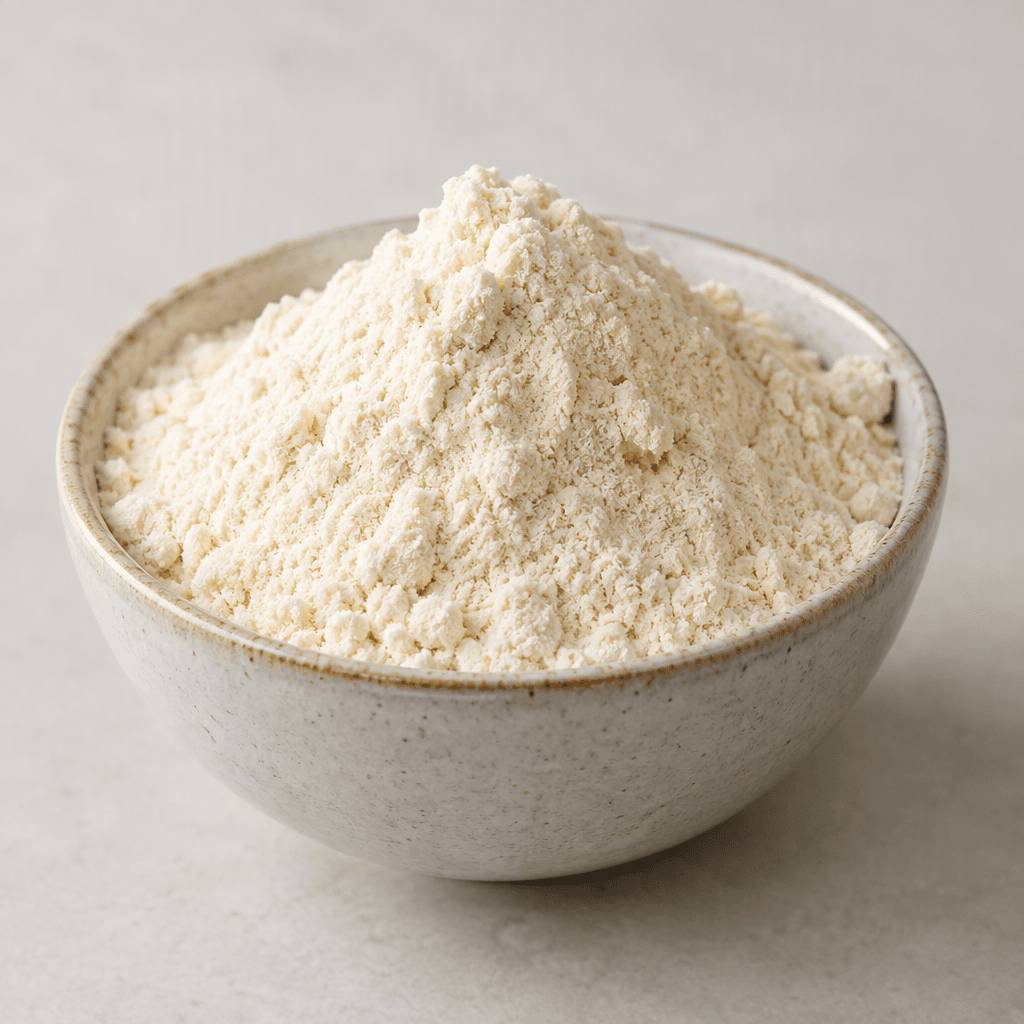 Fine, pale cream-coloured vanilla protein powder forms a loose mound with a smooth, slightly dusty surface in a small bowl.
