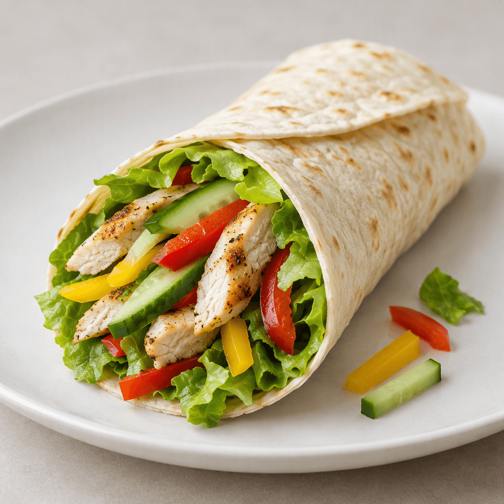 A thin, flexible pale beige wrap folded around visible green lettuce, sliced red and yellow peppers, cucumber strips, and pale grilled chicken pieces, with the open end showing the layered filling and a few loose vegetables beside it on a plain plate.