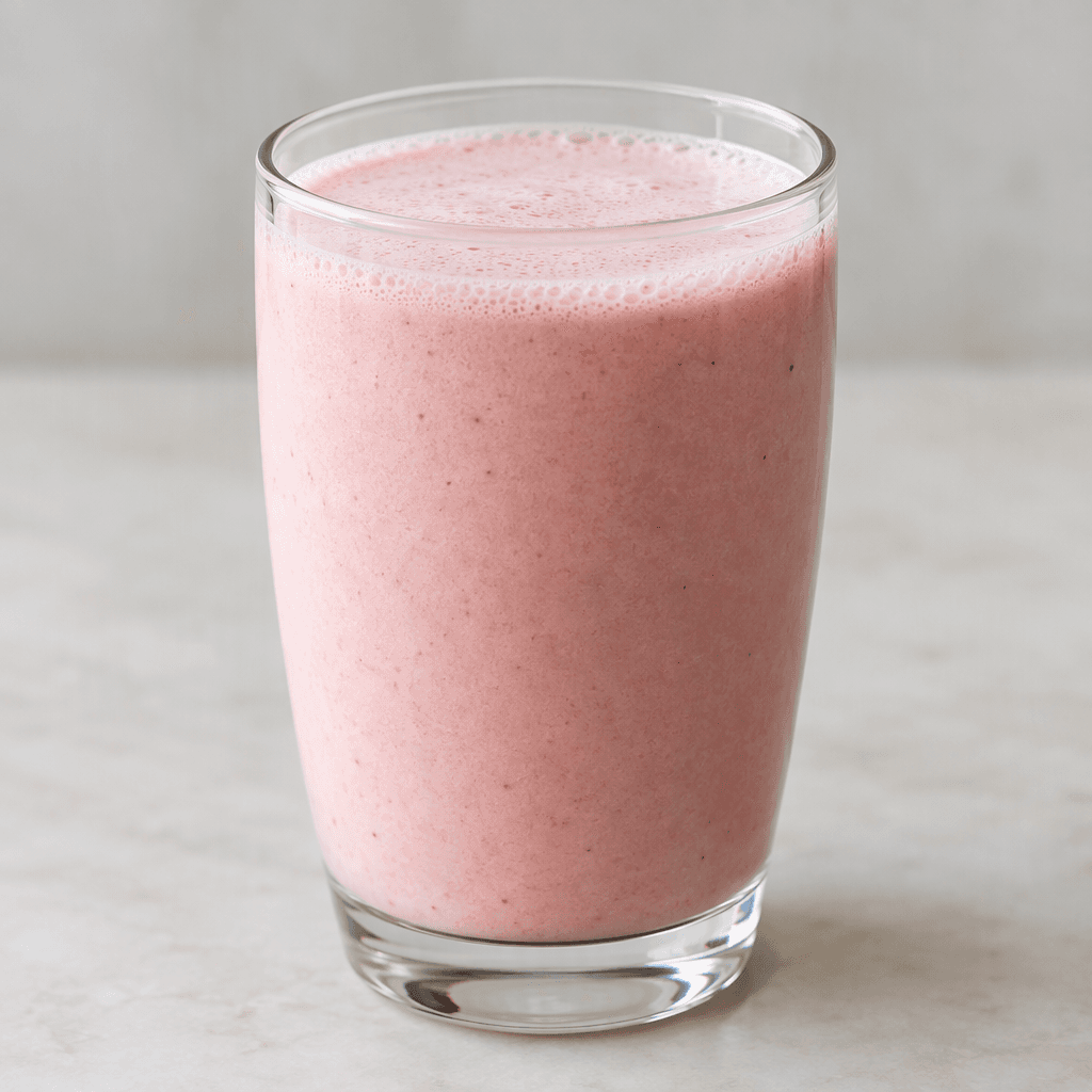 An opaque pale pink strawberry milk with a smooth, slightly thick texture fills a clear drinking glass, with a thin layer of light foam on the surface.