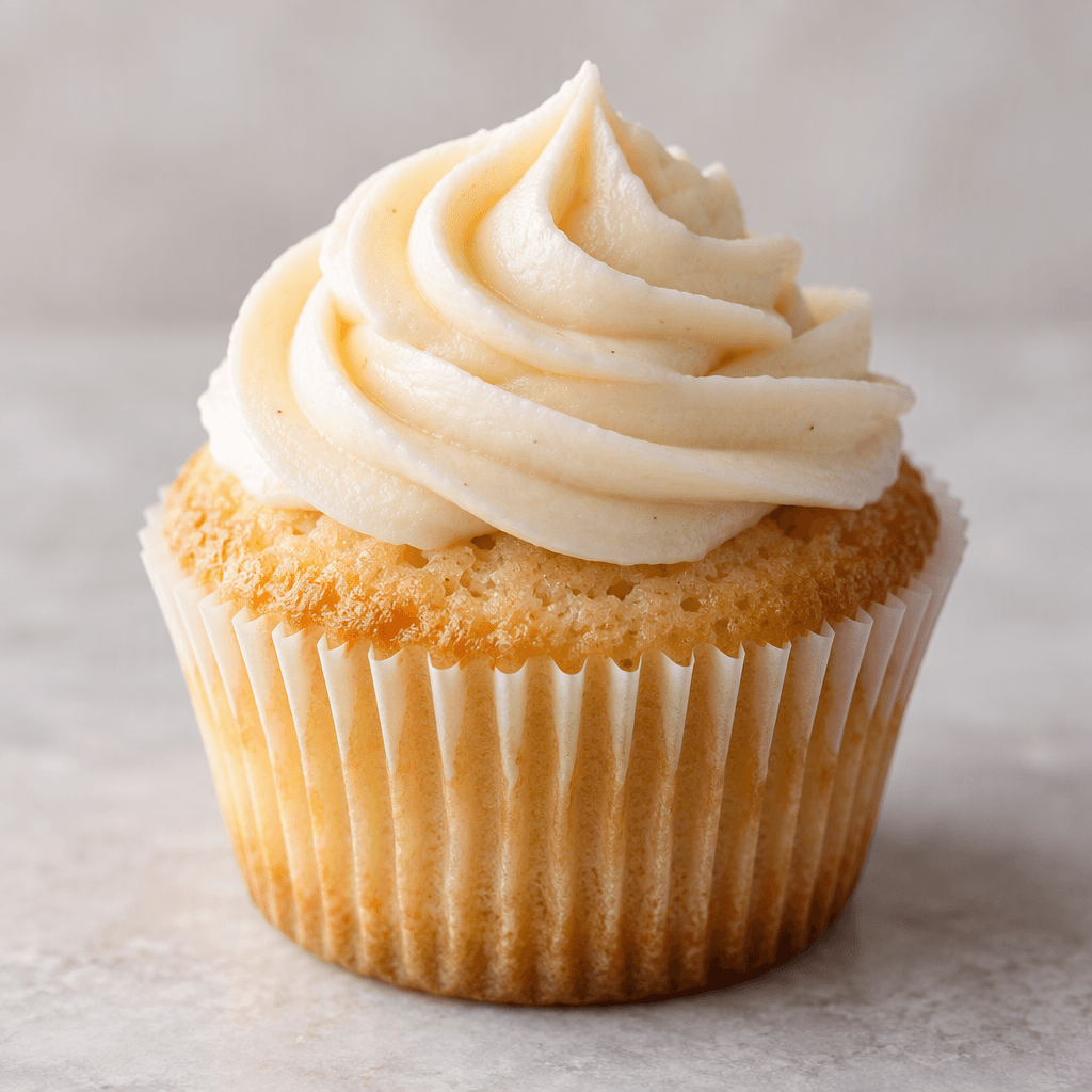 A small cupcake with a rounded, lightly browned top and a soft, slightly porous crumb, sitting in a ridged paper liner and topped with a neat swirl of pale frosting.
