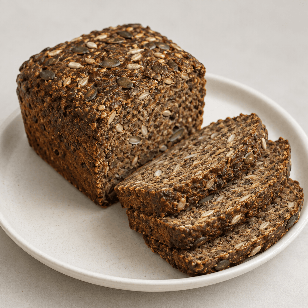A compact, rectangular loaf of dark brown protein bread with a firm, coarse crumb, visible sunflower and pumpkin seeds, and several thick slices arranged beside it on a plain plate.