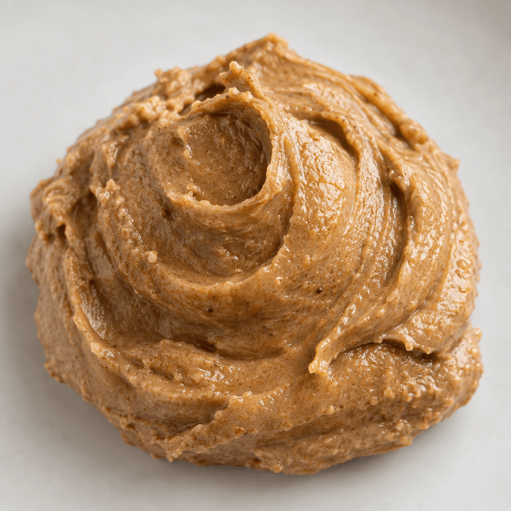 A thick beige-brown spread with a dense, slightly glossy surface, smooth yet faintly grainy, gathered into soft swirls and rounded dollops.