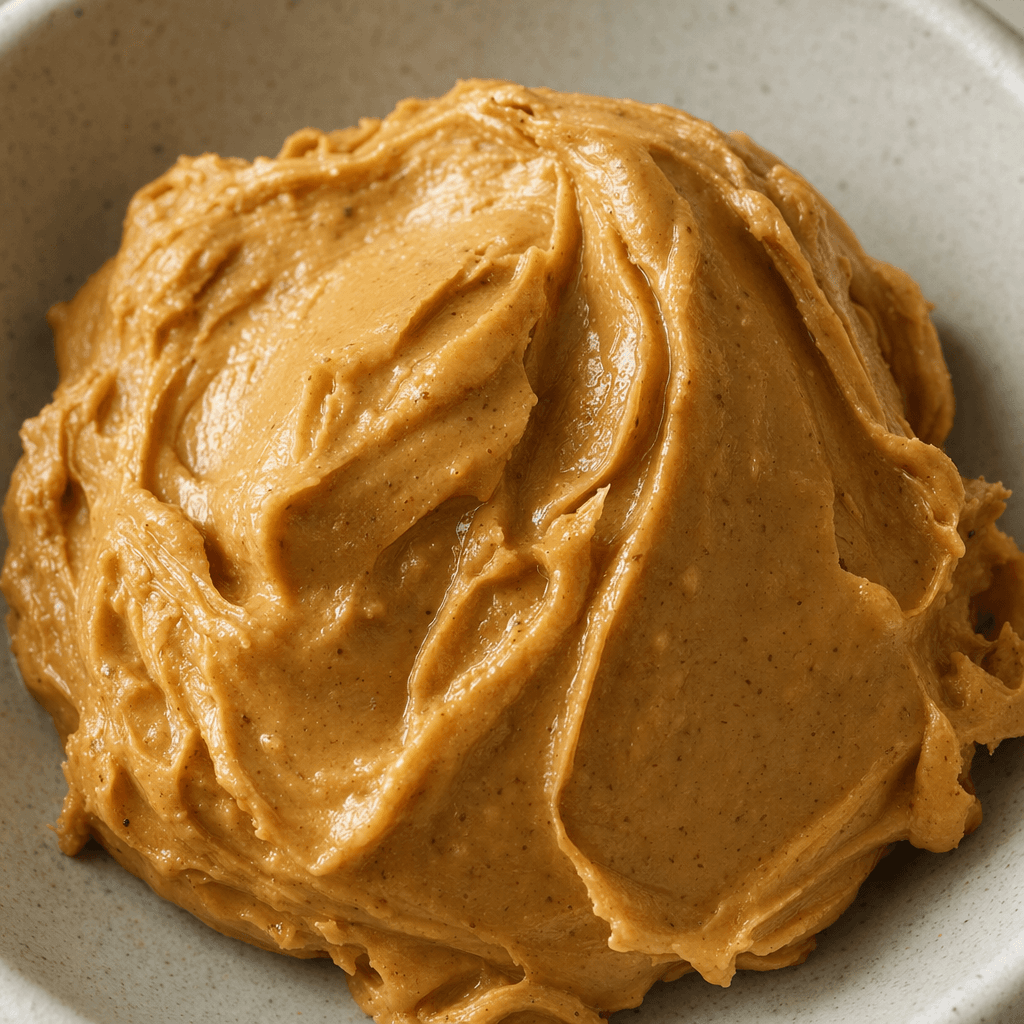 A thick, creamy, medium-dark brown peanut butter spread with a slight sheen and fine darker specks, spooned into a soft mound.