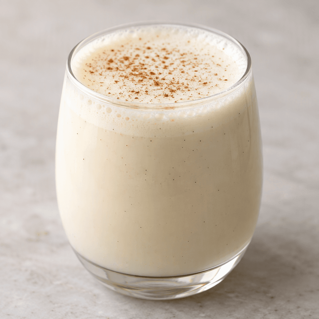An opaque, pale cream-colored drink with a smooth, slightly foamy surface, served in a clear glass.