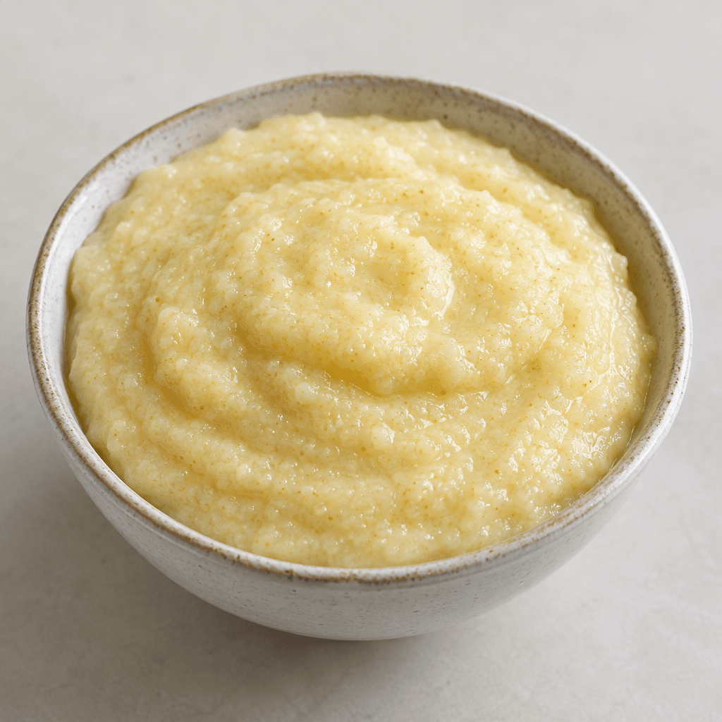 A thick, pale cream-yellow semolina pudding sits in a small bowl, with a softly glossy surface and tiny grains visible throughout.