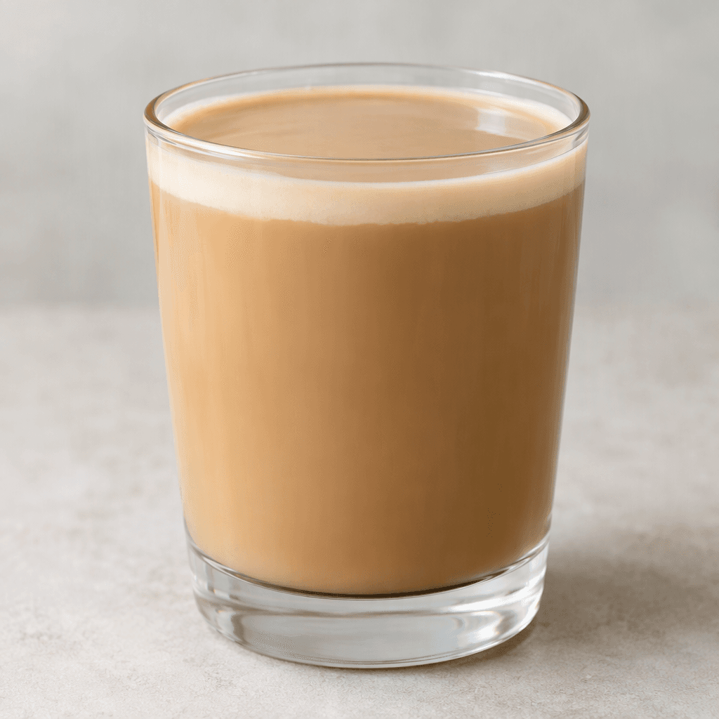 An opaque light caramel-brown, creamy drink with a smooth surface, served in a clear glass and showing a slightly lighter layer of milk near the top.