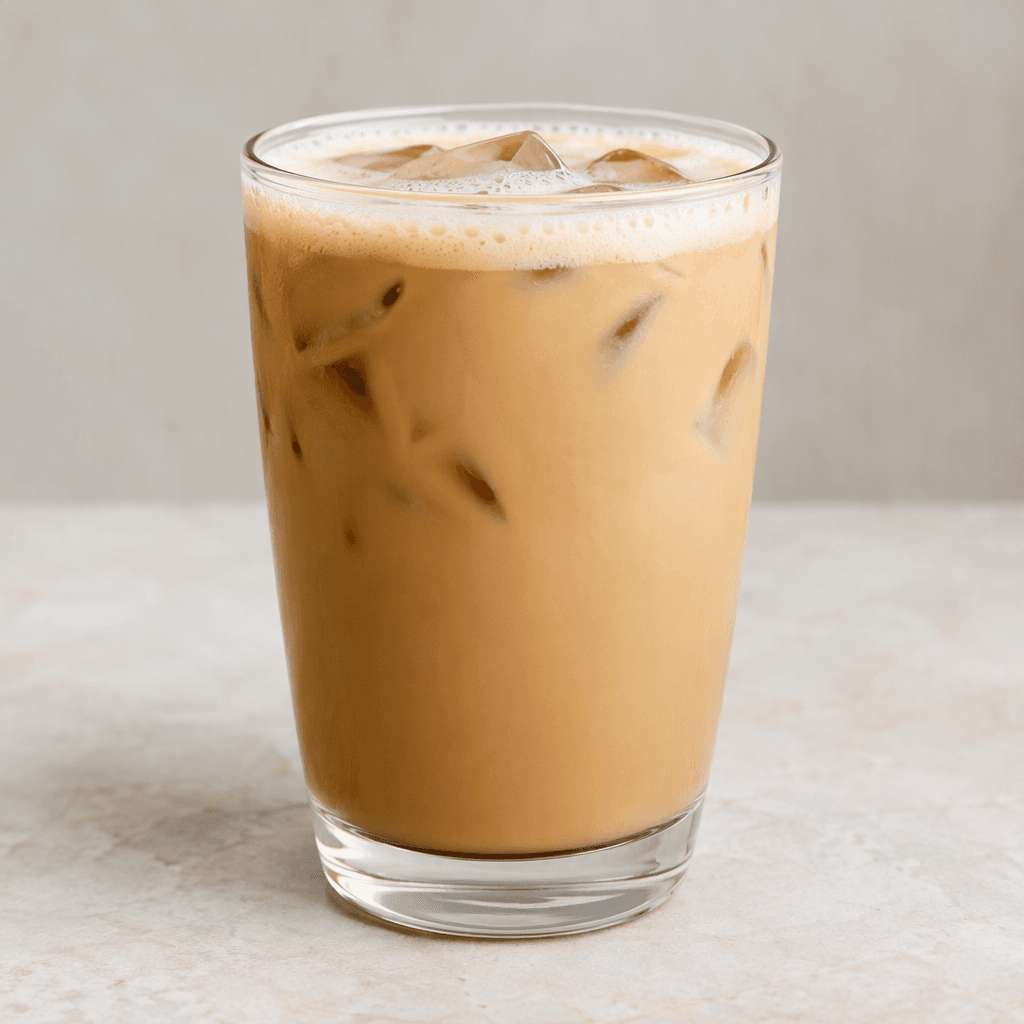 A creamy light-brown coffee-and-milk drink with a smooth, opaque texture, served chilled in a clear glass with a thin layer of pale foam on top.