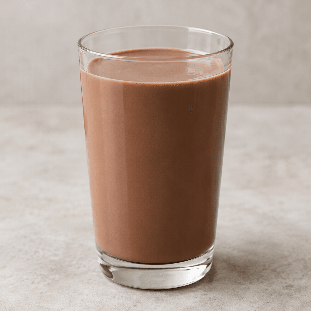 Opaque chocolate-brown milk with a smooth, uniform texture, served in a clear glass.
