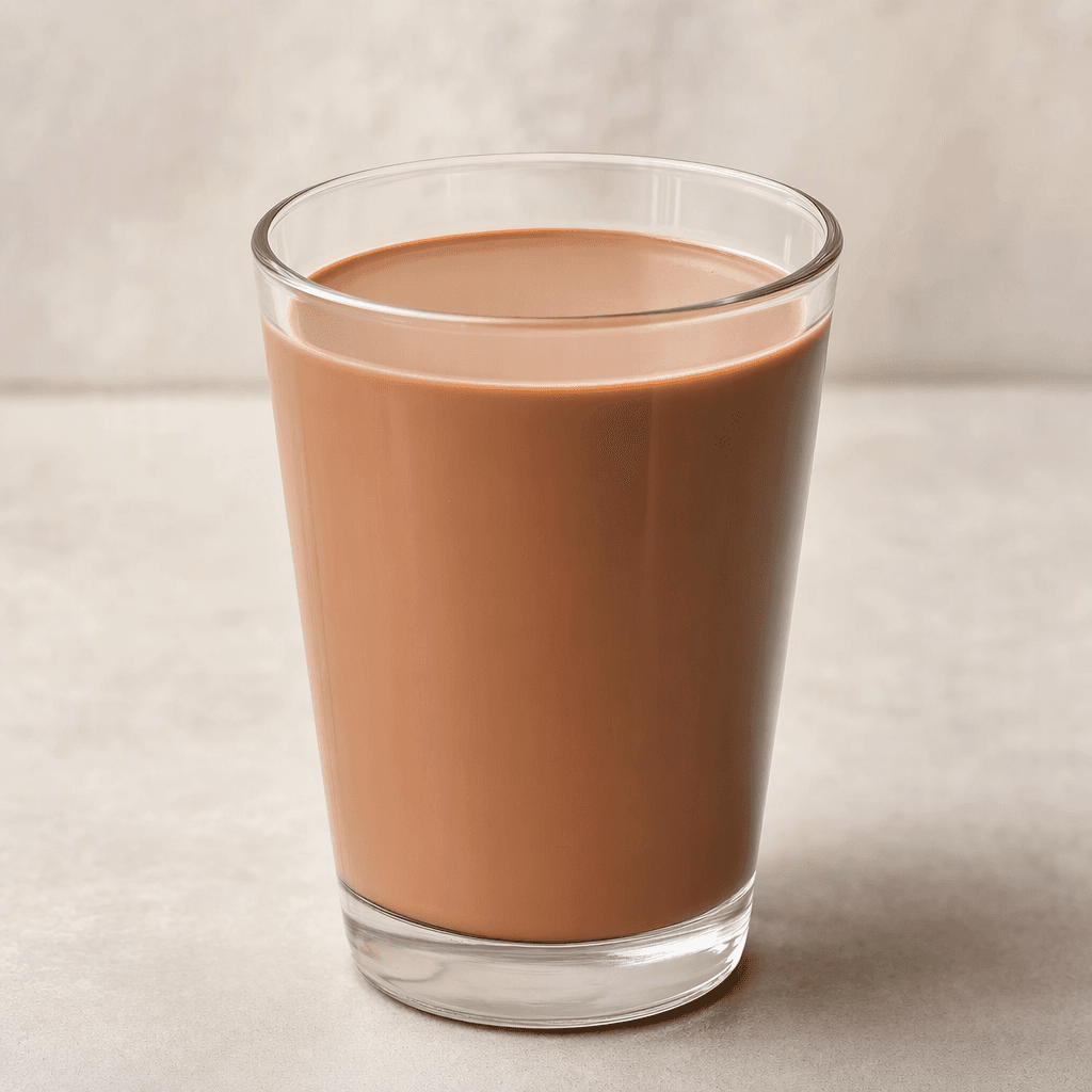 An opaque, smooth, chocolate-brown milk drink fills a clear glass, with an even surface and no visible toppings.