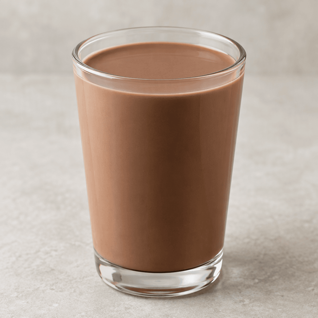 An opaque, smooth chocolate-brown milk drink fills a clear glass, with an even liquid surface and no visible pieces or garnish.