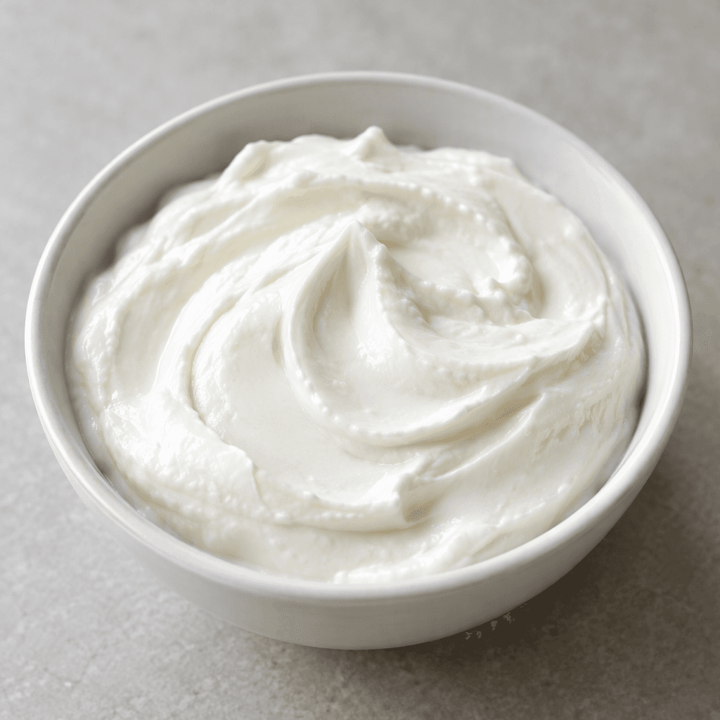 A thick, smooth, bright-white dairy mixture sits in a bowl, with a creamy surface and soft ridges.