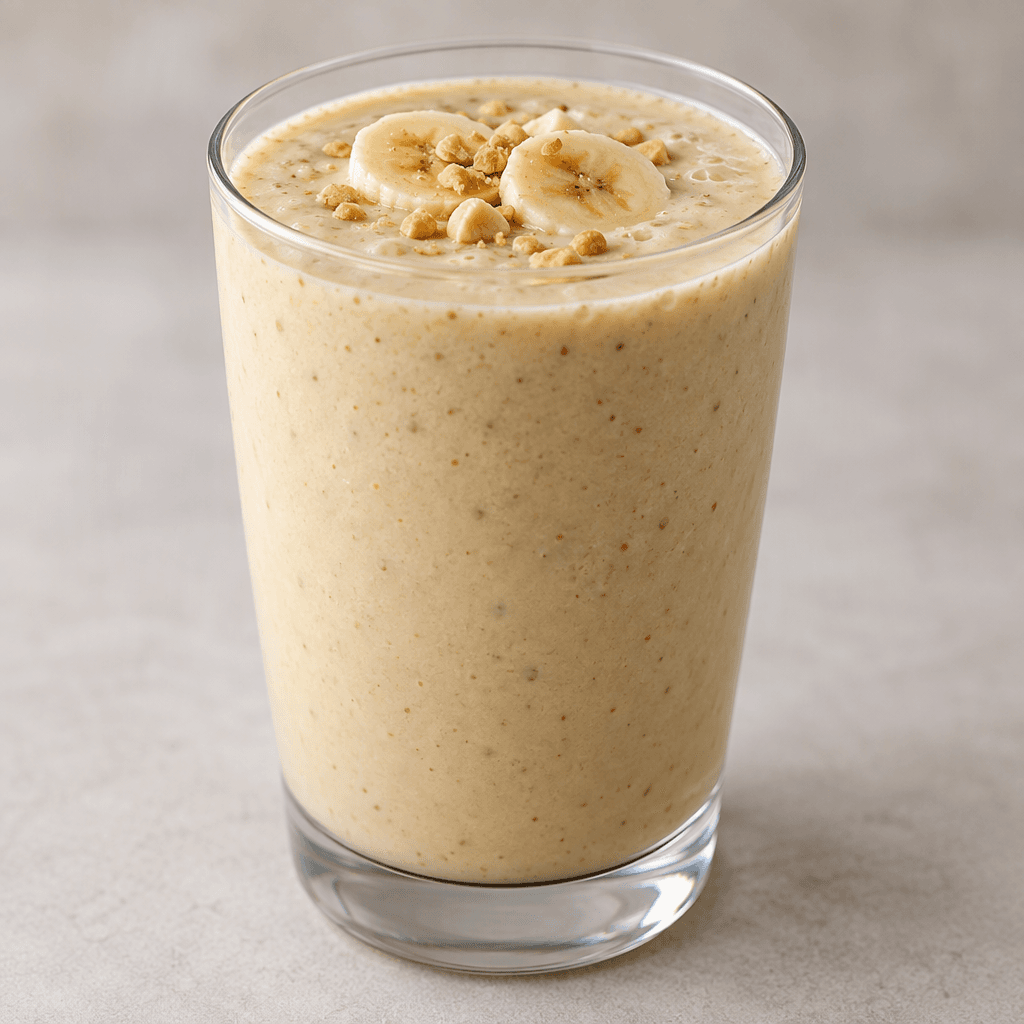 A thick, smooth pale beige drink with faint banana-yellow tones is served in a clear glass, with a few tiny brown peanut flecks visible throughout.
